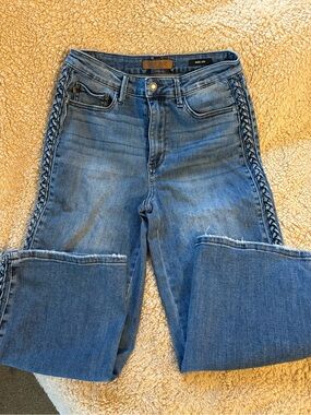 Judy Blue Medium Blue Braided Side Wide Leg Jeans